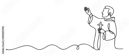 A continuous line drawing of a solemn monk or priest holding a cross and raising a hand in prayer, suitable for spiritual event promotion, religious education materials, or faithinspired