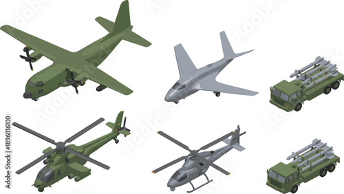 Isometric military aircraft vehicles illustration set, transport plane drone helicopters missile launchers, modern army defense technology