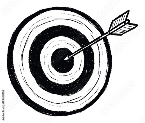 Black and white handdrawn target with an arrow hitting the bullseye representing accuracy and achievement, suitable for business presentations and motivational graphics