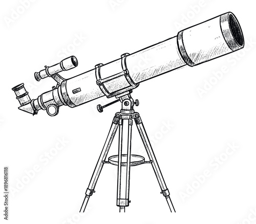 Detailed black and white sketch of a classic astronomical telescope on a sturdy tripod, perfect for scientific education materials, starry night event promotions, or celestial observation