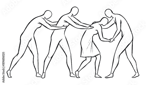 A row of minimalist line figures demonstrating teamwork and mutual aid as they assist a slumped person suitable for concepts of care and solidarity