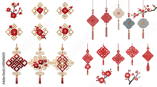 Set of traditional Chinese knot ornaments with tassels and geometric patterns isolated on light background, red decorative symbols for festive celebration.