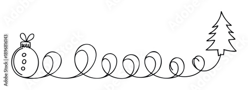 Elegant single continuous line artwork showcasing a holiday bauble connected to a Christmas tree with playful swirls for festive decorations and seasonal promotions.