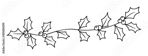 Simple outline of a holly branch adorned with pointed leaves and small round berries, ideal for festive season coloring activities, holiday greeting prints, and winter themed graphic