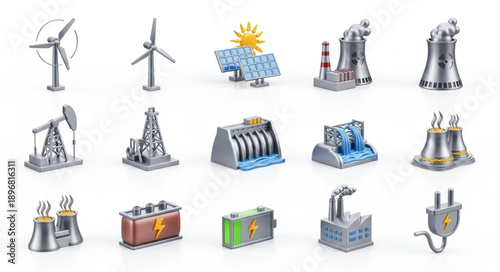 Collection of energy industry icons and symbols for power generation.