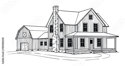 Black and white line drawing of a traditional American farmhouse with an attached barn, featuring a large chimney and inviting front porch, ideal for architectural plans, home layout