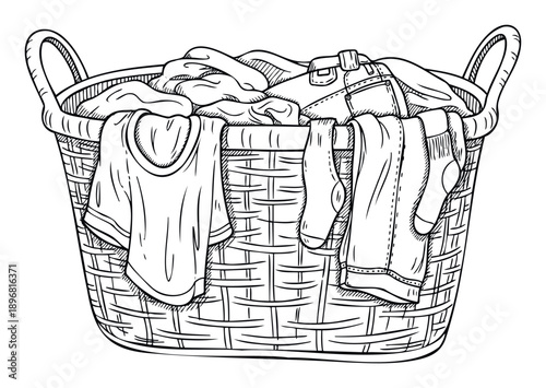 Outline drawing of a full laundry basket overflowing with various dirty clothes like a tshirt, jeans, and socks, perfect for depicting household chores and washing routines