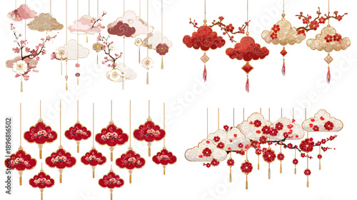 Collection of red Chinese lantern clusters and flowering branches isolated on light background, festive hanging decorations for Lunar New Year festival.