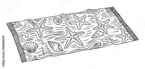 Black and white outline drawing of a beach towel adorned with various starfish and seashells on a wavy ocean background, ideal for printable coloring pages or summer vacation themed