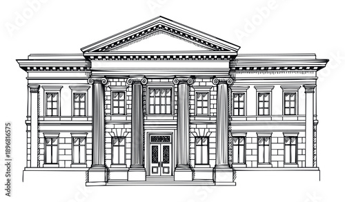 Hand drawn architectural sketch of a grand neoclassical building facade featuring majestic columns and a pediment, perfect for historical, educational, or classic design projects