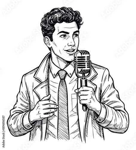 Male performer with curly hair holding a vintage microphone delivering a speech or song suitable for entertainment industry promotions and media communication projects