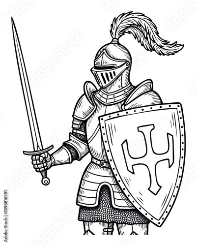 A valiant medieval knight in shining armor stands ready for battle, holding his trusty sword and shield, perfect for historical event promotion, book covers, or educational material.