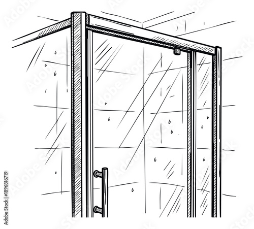 Hand drawn sketch of a modern glass shower cabin with sleek handle, perfect for illustrating bathroom renovation ideas, plumbing service advertisements, or interior design concepts.