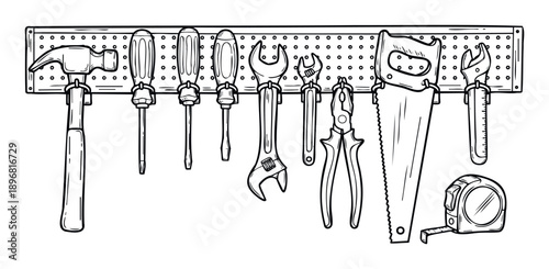 A collection of essential hand tools including hammer, screwdrivers, wrenches, pliers, and a saw neatly organized on a pegboard in a workshop for home improvement and DIY projects