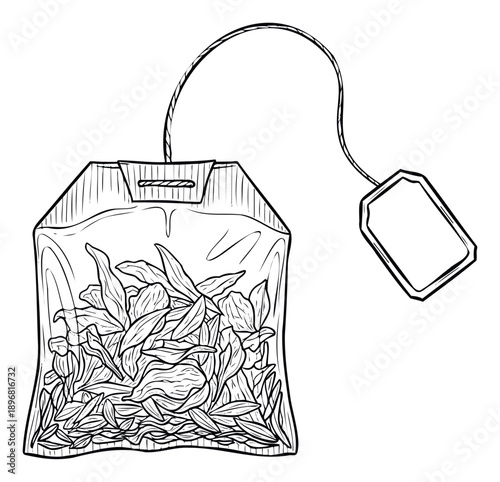 Elegant black outline drawing of a pyramid teabag filled with large loose tea leaves and a string with blank tag, perfect for beverage packaging or healthy lifestyle content.