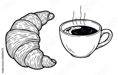 Hand drawn delicious croissant alongside a steaming cup of freshly brewed coffee perfect for breakfast menus bakery advertisements and morning routine concepts