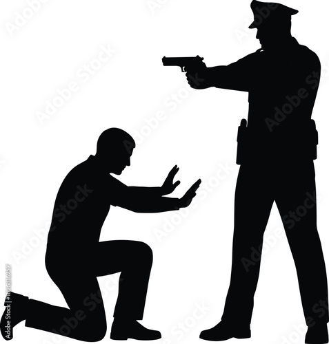 Police officer arrest silhouette illustration, armed law enforcement confronting suspect, crime justice concept, dramatic black shadow scene