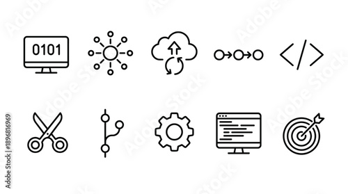 Vector web development icons, including computer screen, cloud, coding symbols and target, for website, app, UI, or software design, Isolated on transparent background, png