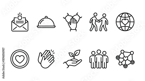 line icons set for website, social media, or presentation, including symbols for communication, partnership, eco-friendliness, and global connection, Isolated on transparent background, png