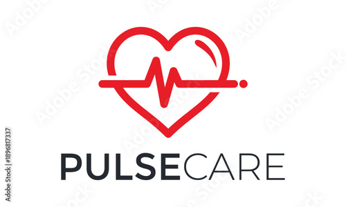 PulseCare logo with heart and ECG line for health monitoring vector template
