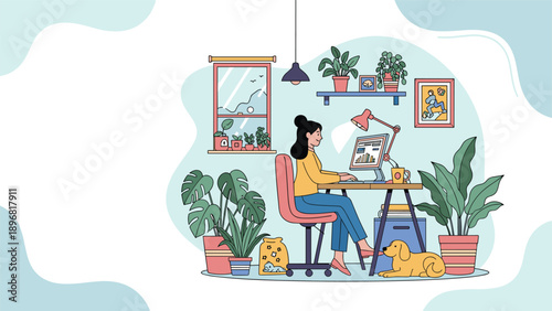 Young woman works on her computer in a cozy home office filled with many lush green indoor plants and a small dog.