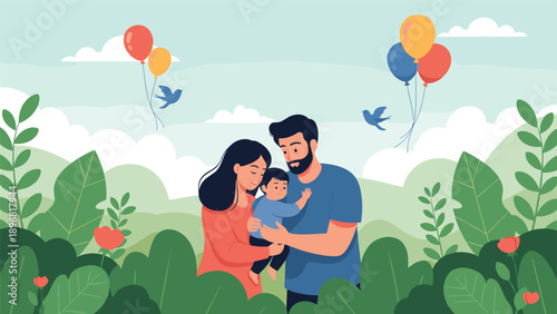 Happy young family with a baby enjoys a beautiful day in a lush green park surrounded by flowers, balloons, and birds.