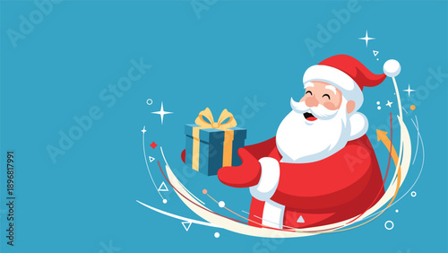Jolly Santa Claus holding a blue gift box with a yellow ribbon smiles against a festive background with stars.