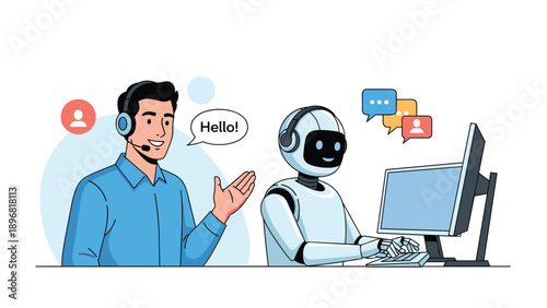 Customer support representative wearing a headset communicates with a robot working at a computer station in a modern digital environment.