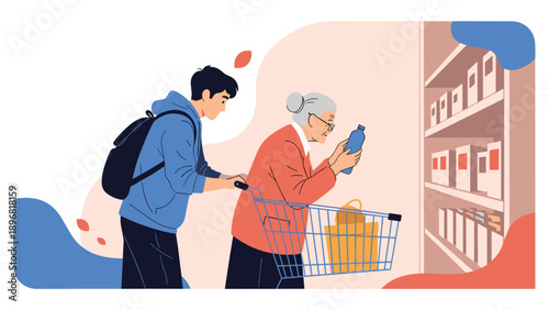 Kind young man helps an elderly woman push a shopping cart through a grocery store aisle while she examines a product on the shelf.