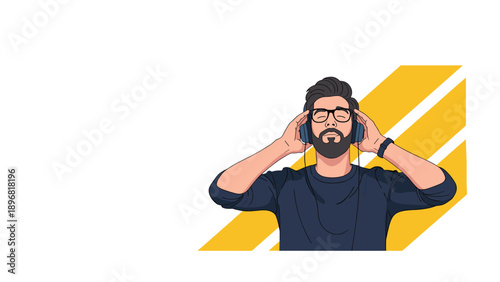 Man with a beard and glasses wears blue headphones and closes his eyes while listening to music against a background of yellow stripes.
