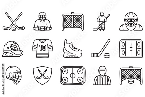 Outline Hockey Equipment and Player Icons Collection