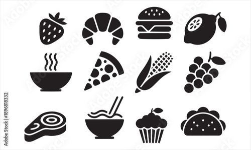 Assortment of food and drink icons including fruits burger pizza steak noodles cupcake and taco representing diverse culinary options for healthy eating and gastronomy vector graphics
