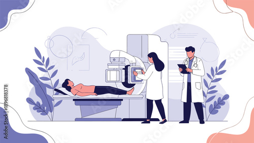 Professional medical team performs advanced diagnostic scanning on patient using modern radiographic imaging technology.