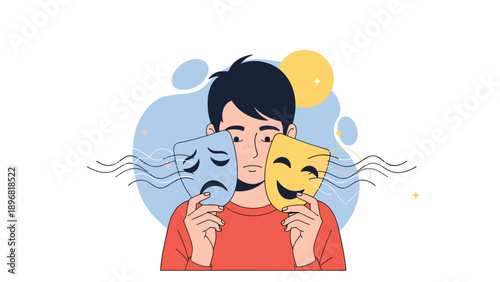 Man expresses internal emotional struggle while alternating between cheerful and sad theatrical masks for audience.