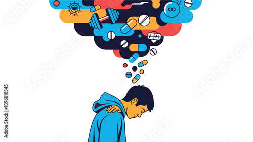 Stressed individual feels overwhelmed by weight of health choices including medication, diet, and physical exercise.