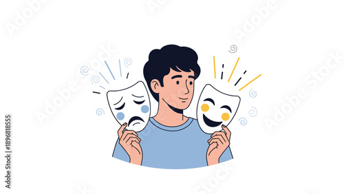 Young man demonstrates wide range of human emotions by presenting happy and sad masks during expressive performance.