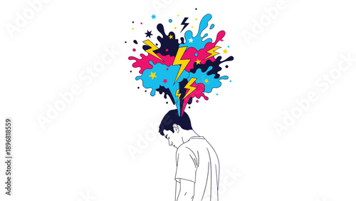 Man experiences explosion of creative thoughts and ideas represented by colorful lightning and stars from his mind.