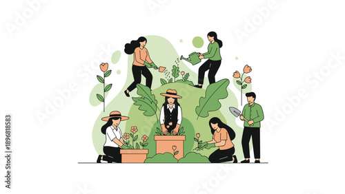 Group of community volunteers works together to plant flowers and shrubs on green hillside for environmental beauty.