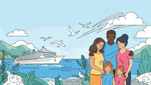 Happy diverse family of five standing together by the sea with a large cruise ship in the background on a sunny vacation day.