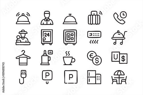 Hotel Reception and Guest Services Outline Icon Set
