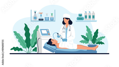 Professional female doctor performing a laser skin treatment on a patient in a modern medical clinic with professional equipment.