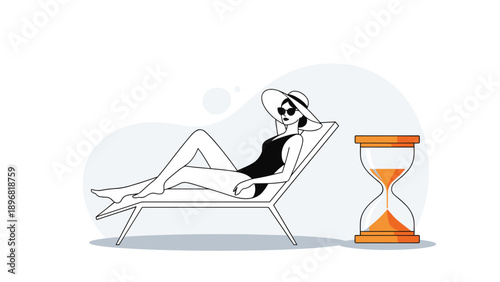 Elegant woman in a swimsuit relaxing on a beach chair next to an hourglass representing leisure time and vacation enjoyment.