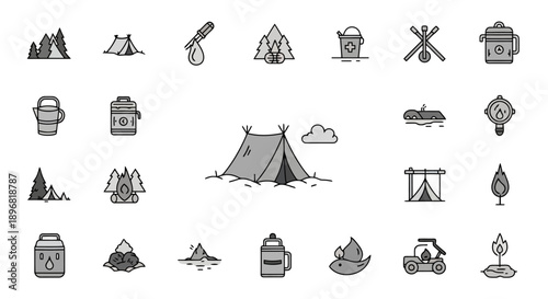 Collection of Hand Drawn Camping Icons and Symbols.