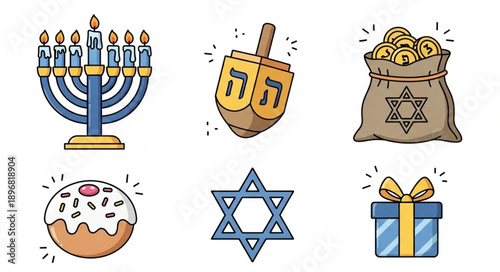 Collection of Hanukkah Symbols and Objects.