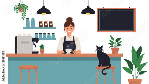 Friendly female barista smiling at a coffee shop counter with a black cat sitting nearby on a stool in a cozy cafe setting.
