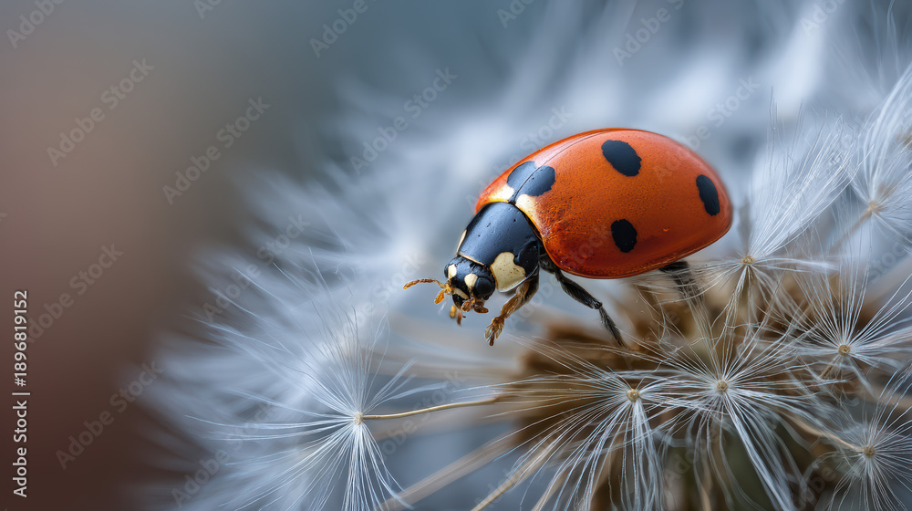 Fototapeta premium ladybug on dandelion seed head in delicate nature scene