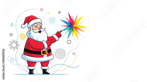 Jolly Santa Claus points his finger toward a vibrant and colorful geometric star shape surrounded by festive abstract graphics.