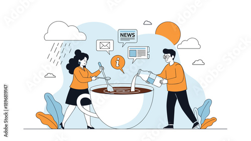 Giant man and woman work together to prepare a large cup of coffee by adding milk and stirring while news icons float above.