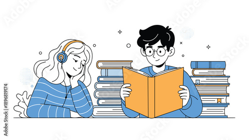Two young students study together in a library while surrounded by stacks of books as the girl listens to music on headphones.