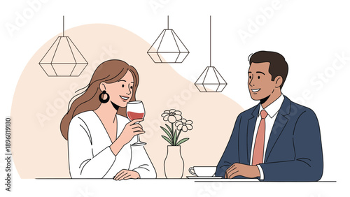 Elegant couple enjoys a romantic dinner date together while drinking red wine and coffee in a stylishly lit restaurant setting.